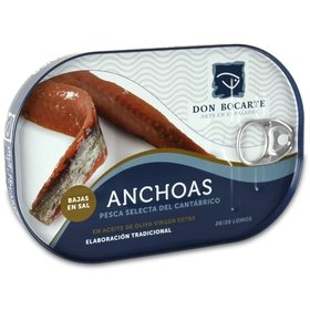 Cantabrian Anchovies Don Bocarte in Olive Oil, Low-salt (198 gr - 26/28 fillets) Cantabrian Anchovies Don Bocarte in Olive Oil, Low-salt (198 gr - 26/28 fillets)