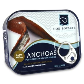 Cantabrian Anchovies Don Bocarte in Olive Oil, Low-salt (85 gr - 13/15 fillets) Cantabrian Anchovies Don Bocarte in Olive Oil, Low-salt (85 gr - 13/15 fillets)