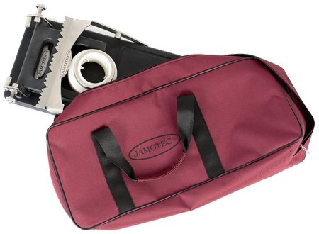 The Jamotec JP Luxe ham holder and its carrying bag