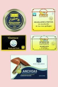 Assortment of 5 fish and seafood preserves for appetizers